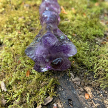 Load image into Gallery viewer, A stunning handcrafted Flora magic wand made with shimmering amethyst chips, showcasing a blend of purple hues. The wand has a gracefully tapered shaft that sparkles in light, showcasing its intricate craftsmanship. Perfect for fantasy collectors, this wand embodies elegance and enchantment, making it a prized addition to any magical assortment.