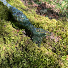 Load image into Gallery viewer, A stunning handcrafted Mertail magic wand made with shimmering aventurine chips, showcasing a blend of green hues. The wand has a gracefully tapered shaft that sparkles in light, showcasing its intricate craftsmanship. Perfect for fantasy collectors, this wand embodies elegance and enchantment, making it a prized addition to any magical assortment.