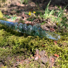 Lade das Bild in den Galerie-Viewer, A stunning handcrafted Twist magic wand made with shimmering aventurine chips, showcasing a blend of green hues. The wand has a gracefully tapered shaft that sparkles in light, showcasing its intricate craftsmanship. Perfect for fantasy collectors, this wand embodies elegance and enchantment, making it a prized addition to any magical assortment.