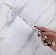 Lade das Bild in den Galerie-Viewer, A stunning clear unicorn magic wand featuring a delicate, translucent design with iridescent shimmering accents. The wand has a gracefully tapered shaft that sparkles in light, showcasing its intricate craftsmanship. Perfect for fantasy collectors, this wand embodies elegance and enchantment, making it a prized addition to any magical assortment.