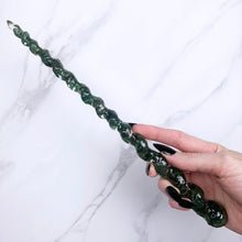 Load image into Gallery viewer, A stunning handcrafted unicorn magic wand made with shimmering aventurine chips, showcasing a blend of green hues. The wand has a gracefully tapered shaft that sparkles in light, showcasing its intricate craftsmanship. Perfect for fantasy collectors, this wand embodies elegance and enchantment, making it a prized addition to any magical assortment.